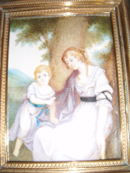 19C miniature portrait, Mother and child, bears signature Simon, in gilt metal frame